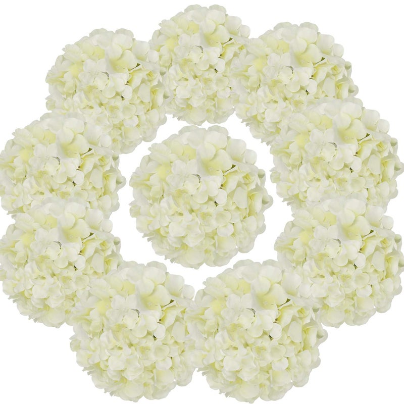 Flojery Silk Hydrangea Heads Artificial Flowers Heads with Stems for Home Wedding Decor Pack of 10 (Ivory) - Image 1